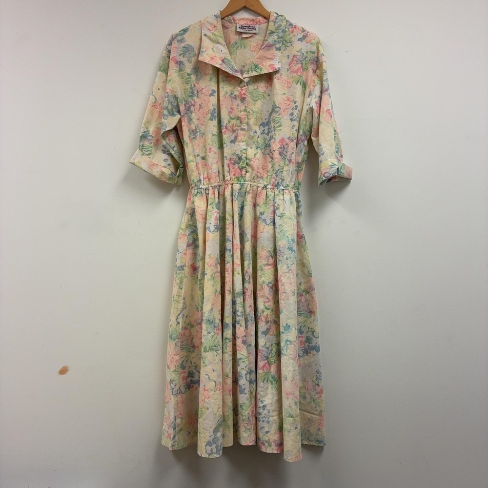 Vintage American Shirt Dress Womens 20W Floral USA 3/4 Sleeve Fit & Flare Midi
